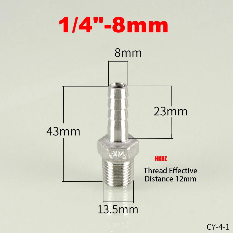 304 Stainless Steel Male Thread Barb Hose Tail Connector | 1/8" to 3/8" NPT