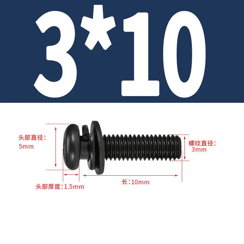 Black Zinc Pan Head Machine Screws with Washers, M2–M6 Pozi Phillips Drive