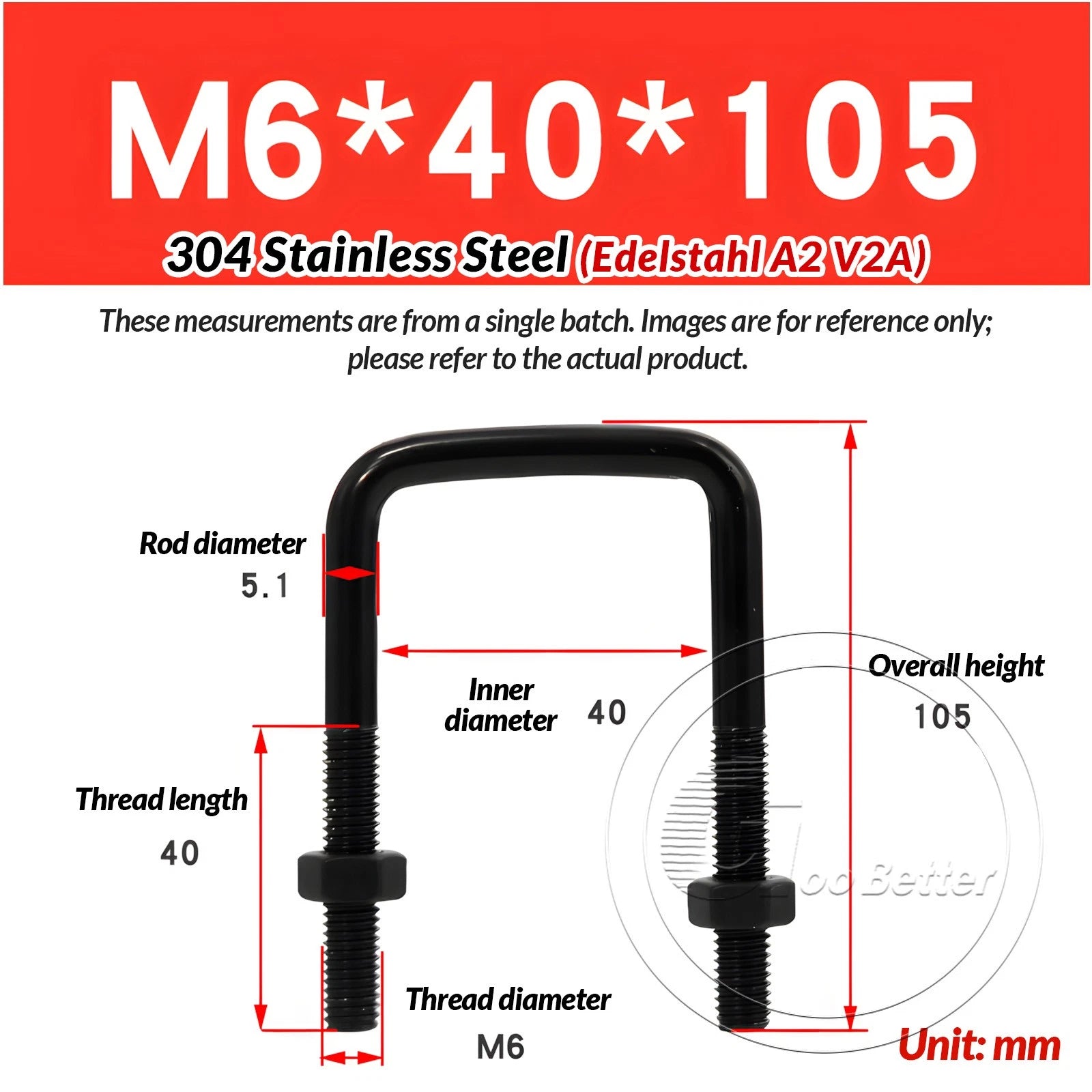 M6 M8 M10 Square U-Bolts Black 304 Stainless Steel with Nuts For Boat Trailer