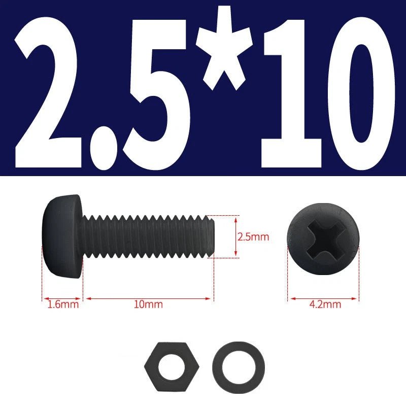Black Nylon Phillips Machine Screws with Nuts & Washers — Metric M2 to M8 - HomeDIYer