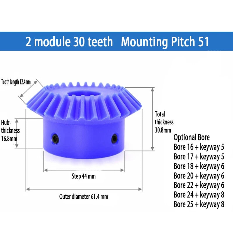 1/1.5/2 Mod Bevel Gear 15T-30T 90°1:1 Pairing Plastic Nylon Transmission Gear