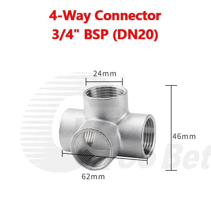 304 Stainless Steel BSP Cross Pipe Fittings — 3-Way & 4-Way, ½" to 1" Thread