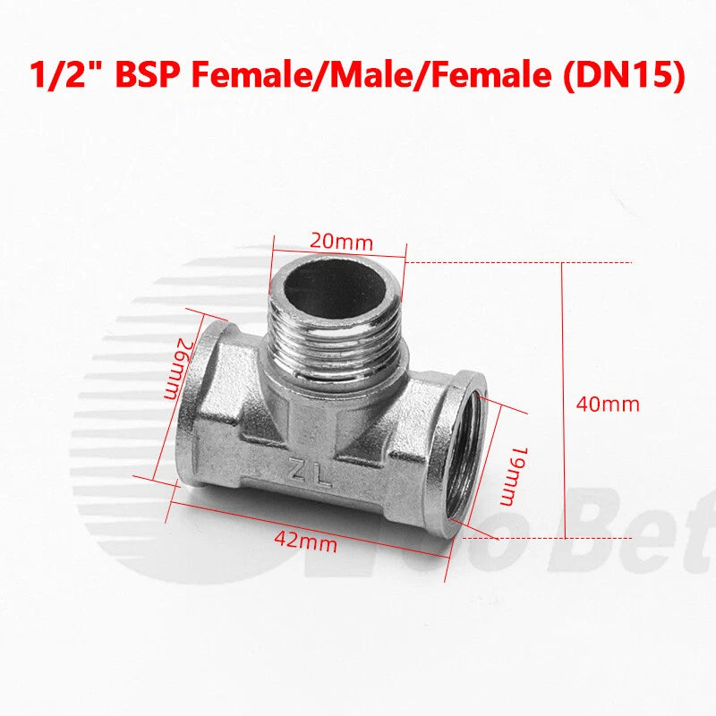 Stainless Steel Equal Tee BSP Pipe Fitting | 1/2" 3/4" 1" Female & Male Thread