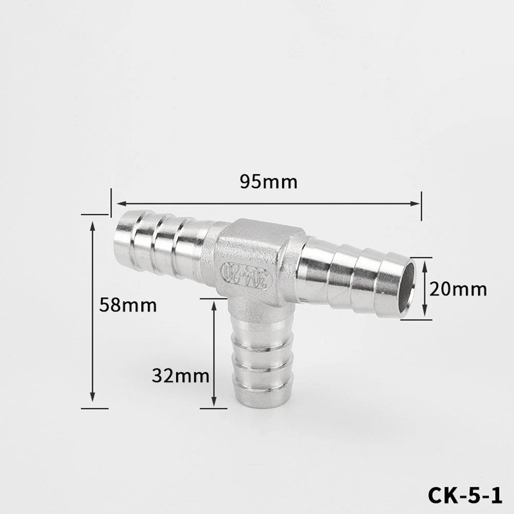 Stainless Steel T Hose Barb Tee Connector — 8mm to 32mm, Water & Gas Pipe Fitting