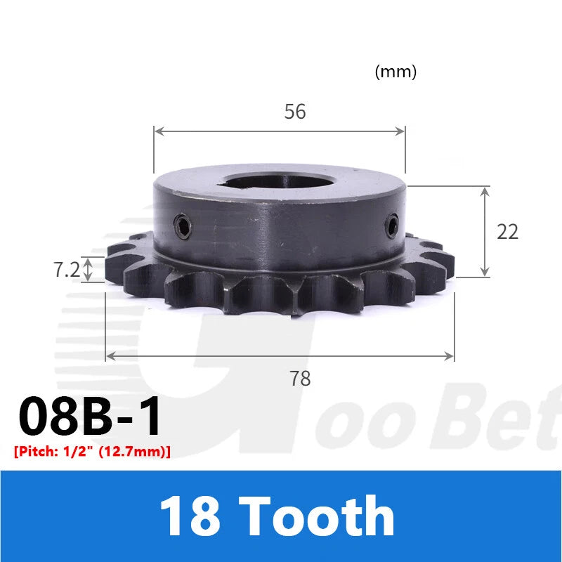 08B-1 1/2" Pitch Roller Chain Sprocket C45 Steel 10-20 Tooth 10-40mm Bore Black