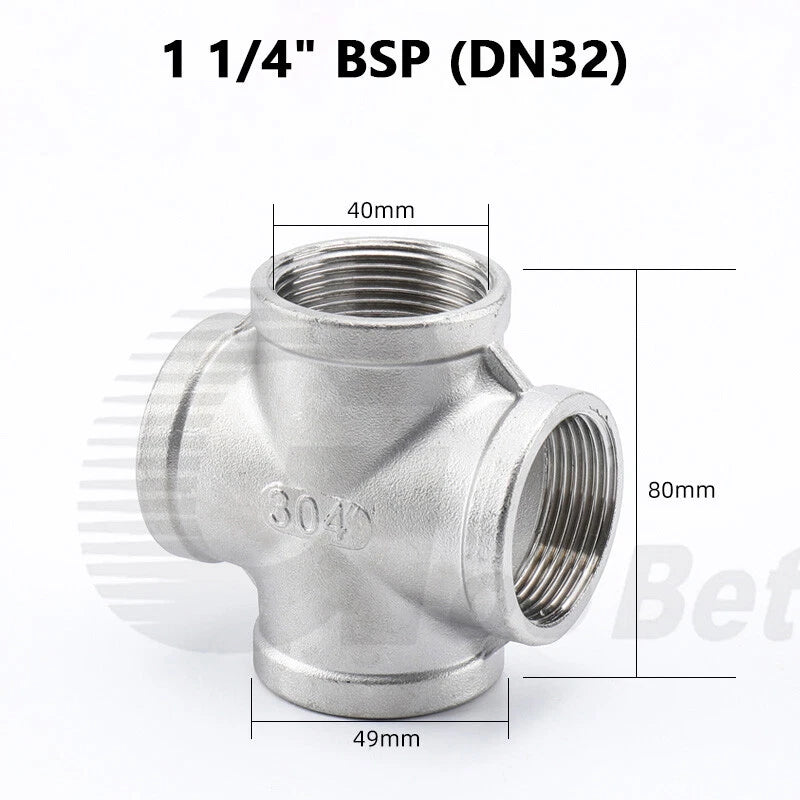 Stainless Steel Cross 4-Way Pipe Fitting | BSP Female Thread | 1/4" to 2"