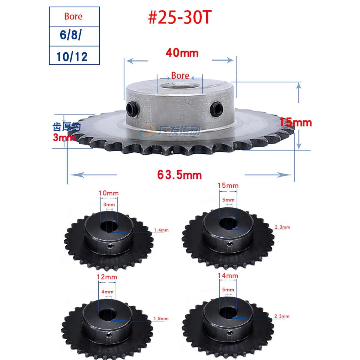#25 Roller Chain Sprocket 04C 21-40T Tooth Bore 5mm-20mm Pitch 6.35mm (1/4 inch)