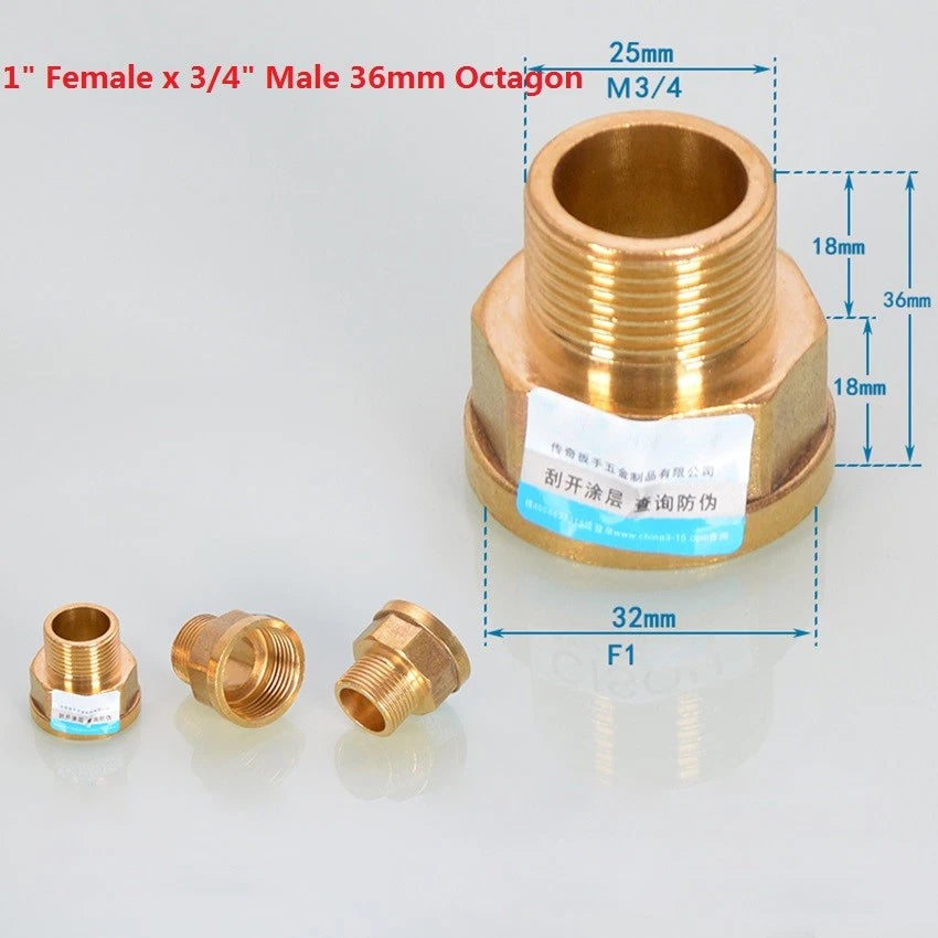BSP Brass Pipe Adapter — Female to Male Thread, Hex & Octagon Body, Multiple Sizes