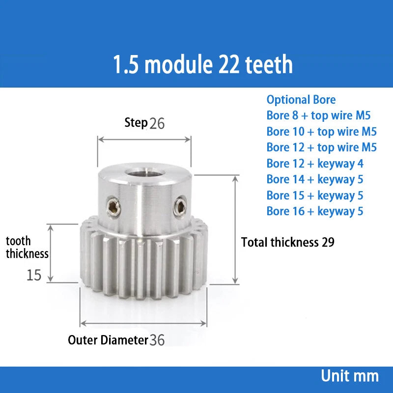 Module 1.5 Spur Gear A2 Steel 12-32 Tooth with Hub Pinion Motor Gear Bore 6-20mm