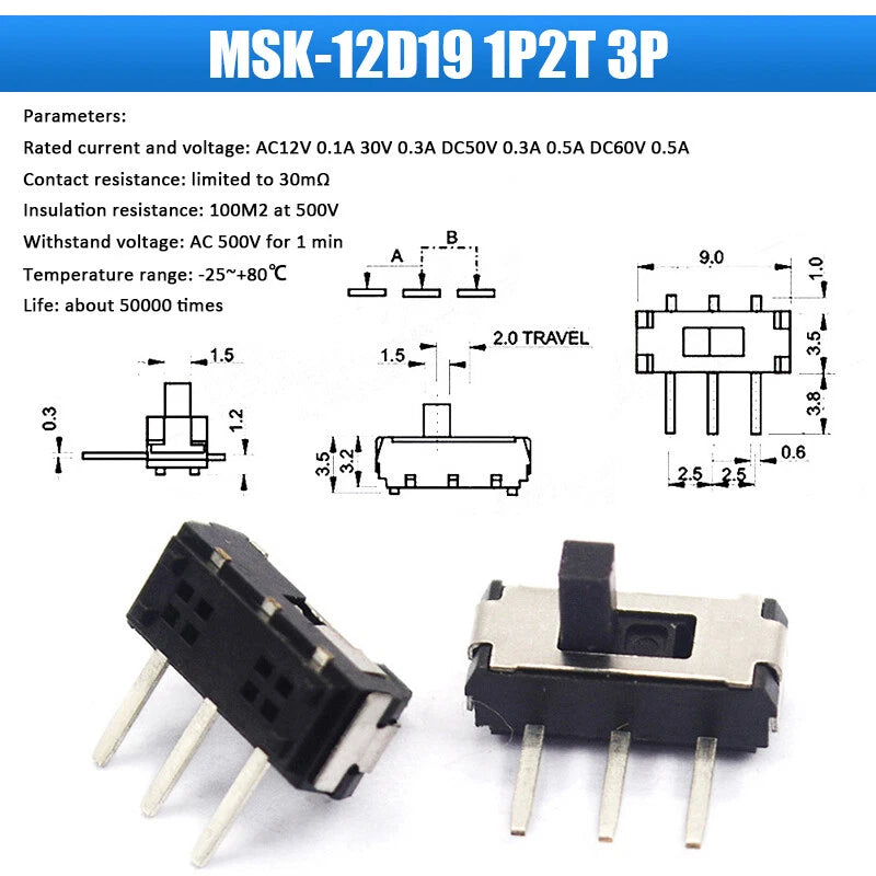 Slide Toggle Switch SS SK MSK MSS Series — 2/3-Way PCB Slide Switch, 3–8 Pin, Single & Double Row