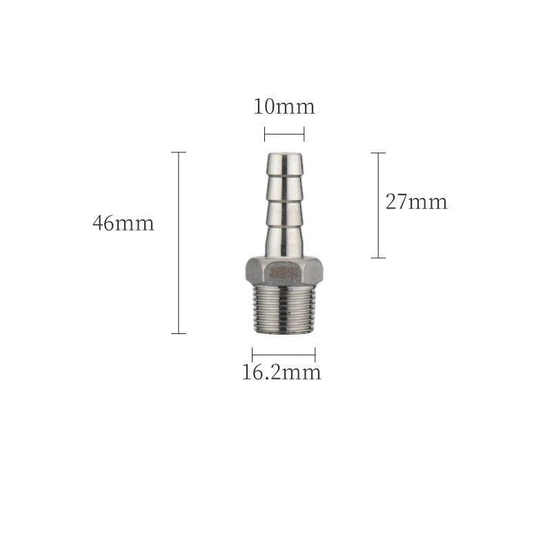 A2 Stainless Steel Straight Barb Hose Connector — Male Thread, 6mm to 20mm Tubing