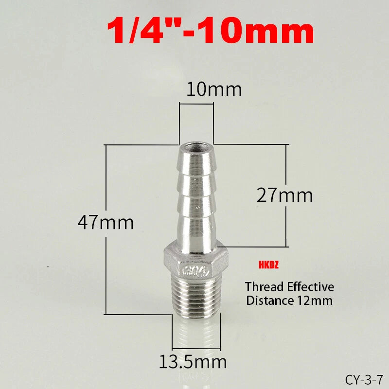 304 Stainless Steel Male Thread Barb Hose Tail Connector | 1/8" to 3/8" NPT