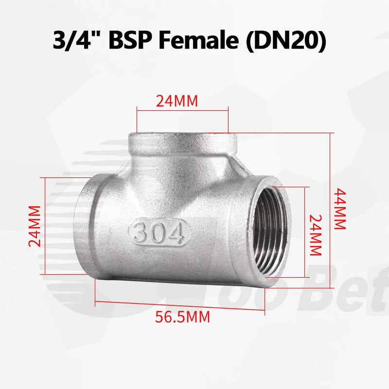 304 Stainless Steel BSP Tee Pipe Fitting — Male & Female Thread, 1/2" to 2"