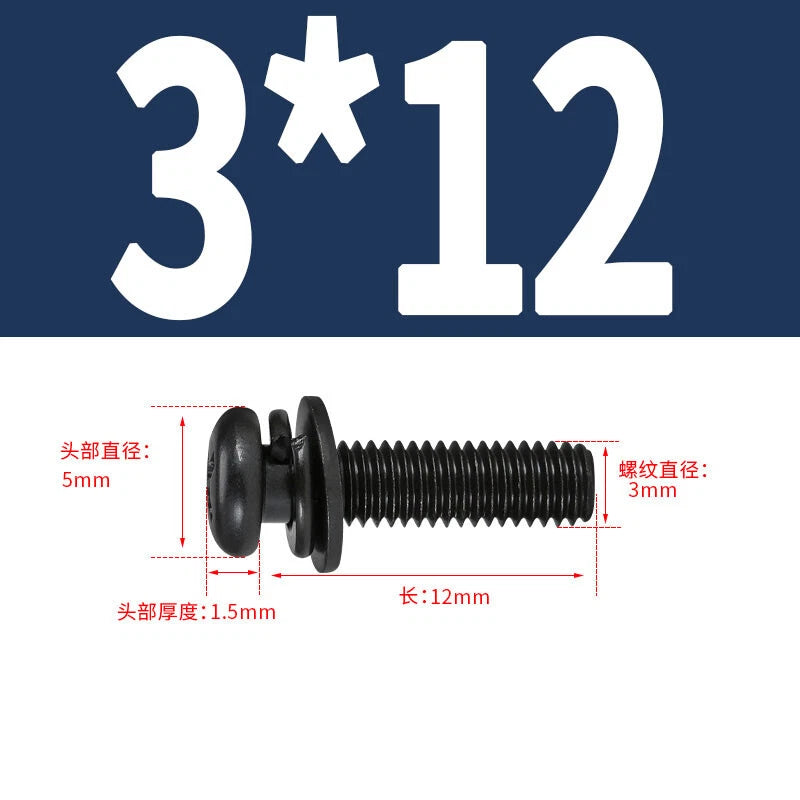 Black Zinc Pan Head Machine Screws with Washers, M2–M6 Pozi Phillips Drive