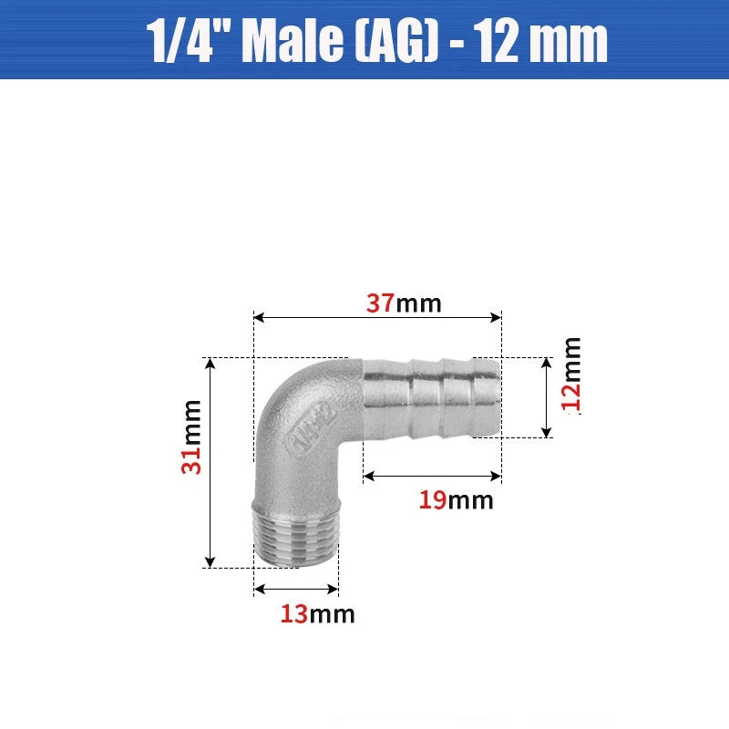BSP Male Elbow Barbed Hose Connector — Stainless Steel, 1/8" to 1/2", 6–16mm