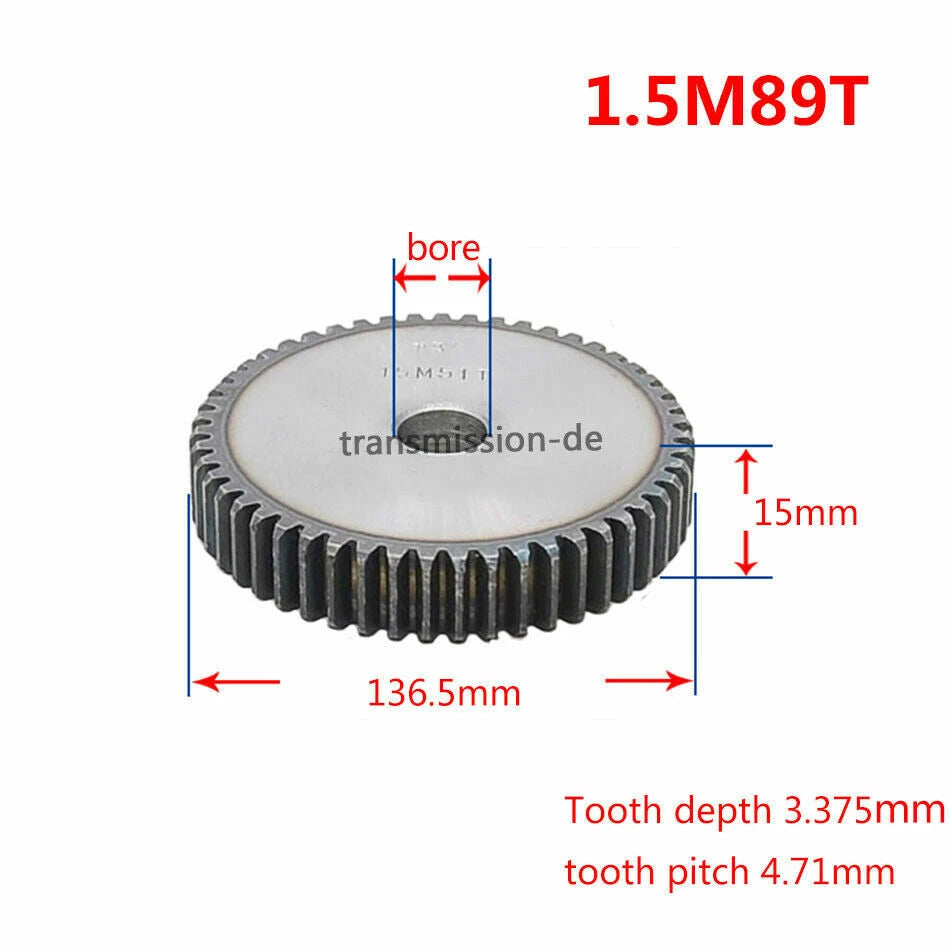 1/1.5 Mod 12T-150T Spur Gear 45# Steel Pinion Gear Thickness 1M-10mm 1.5M-15mm