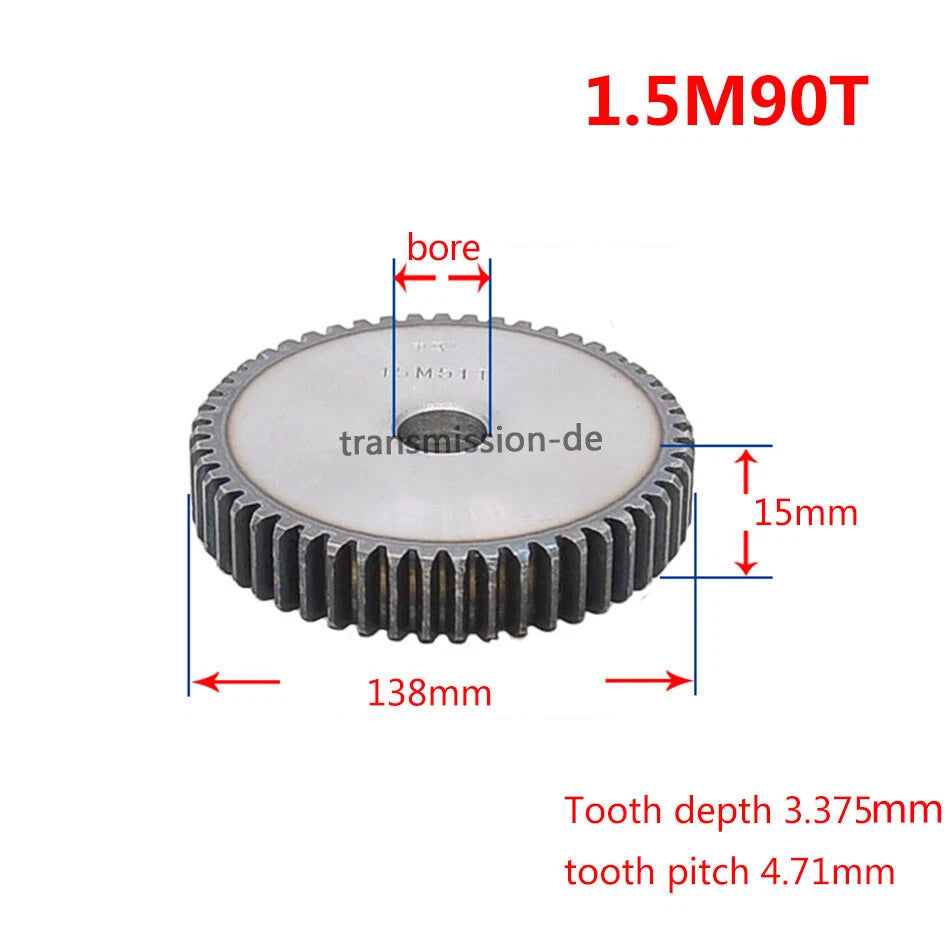 1/1.5 Mod 12T-150T Spur Gear 45# Steel Pinion Gear Thickness 1M-10mm 1.5M-15mm