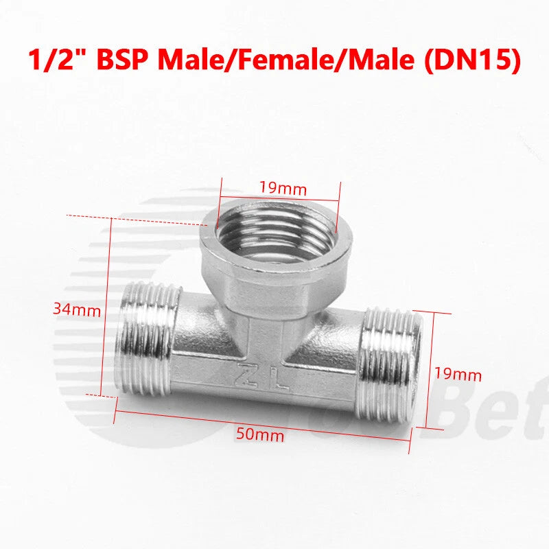 Stainless Steel Equal Tee BSP Pipe Fitting | 1/2" 3/4" 1" Female & Male Thread
