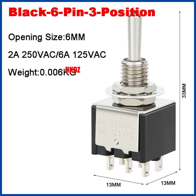 6mm Mini Toggle Switch DPDT 2/3 Position 3/6 Pin — AC 125V 250V for Boat Car DIY