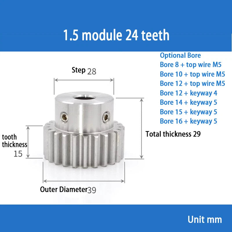 Module 1.5 Spur Gear A2 Steel 12-32 Tooth with Hub Pinion Motor Gear Bore 6-20mm