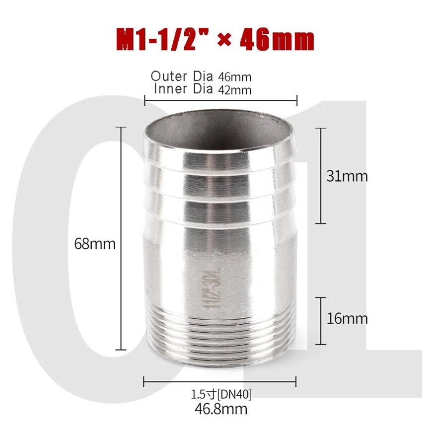 BSP Stainless Steel Barbed Hose Joiner Connector Tail — 1/8" to 4" Pipe Fitting