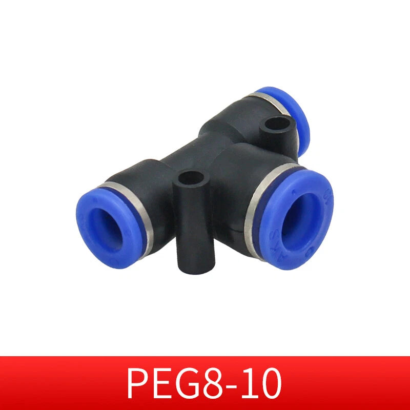 Pneumatic Push-in T-Shape 3-Way Fitting — Air Water Tube Connector PE4–PE16 & Reducing