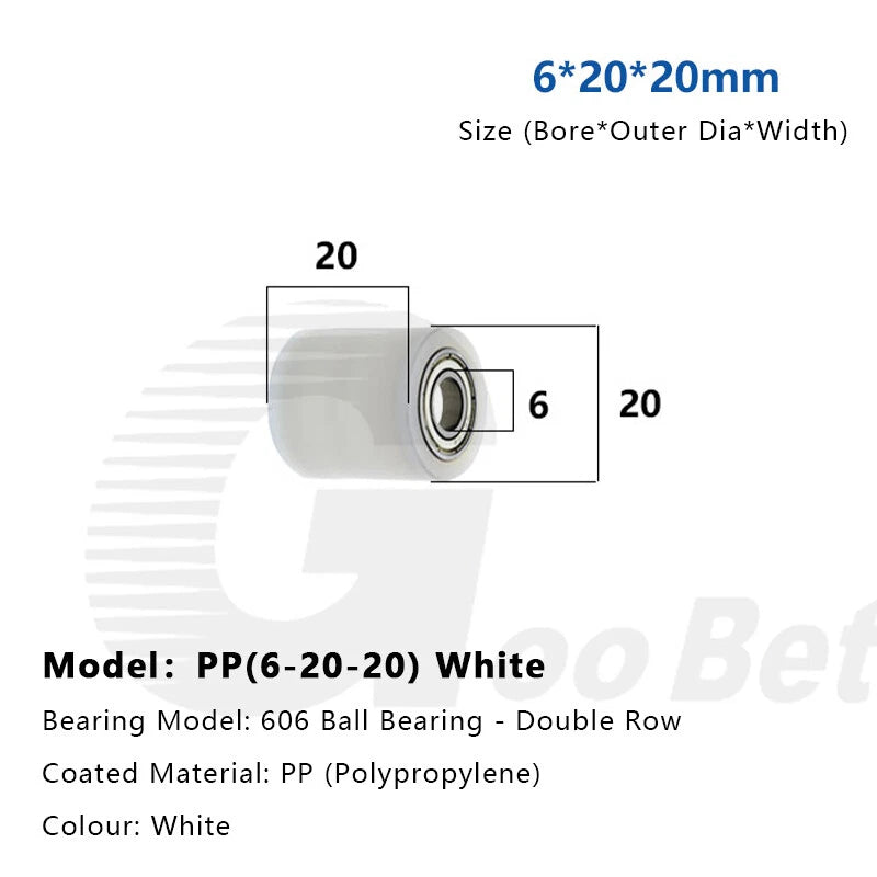 6mm Bore Plastic Roller Wheel Two Ball Bearing Coated PP POM Pulley Guide Wheel