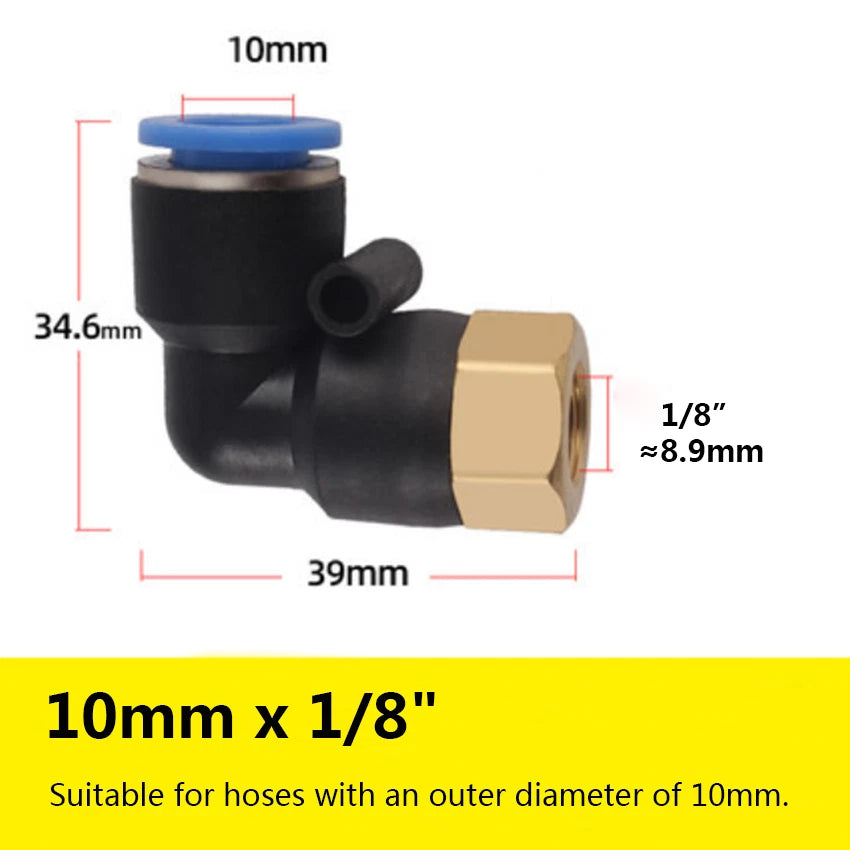 90° Elbow Push-to-Connect Pneumatic Fitting — 4mm to 12mm Hose OD, Female Thread