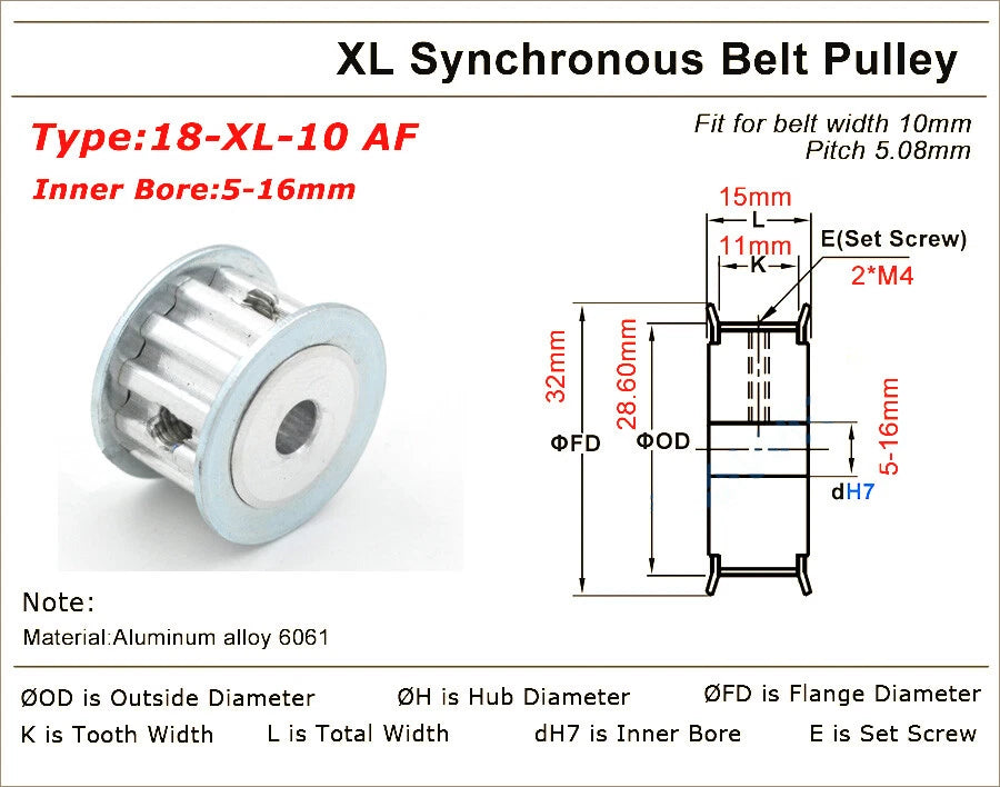 10-40Teeth XL Synchronous Pulley 3-25mm Timing Belt Width 11mm 3D Printer Drive