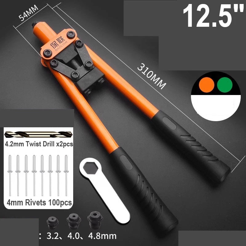 8"-17" Heavy Duty Hand Pop Rivet Gun Tool Kit With Rivets 4 Nozzle Head Wrench