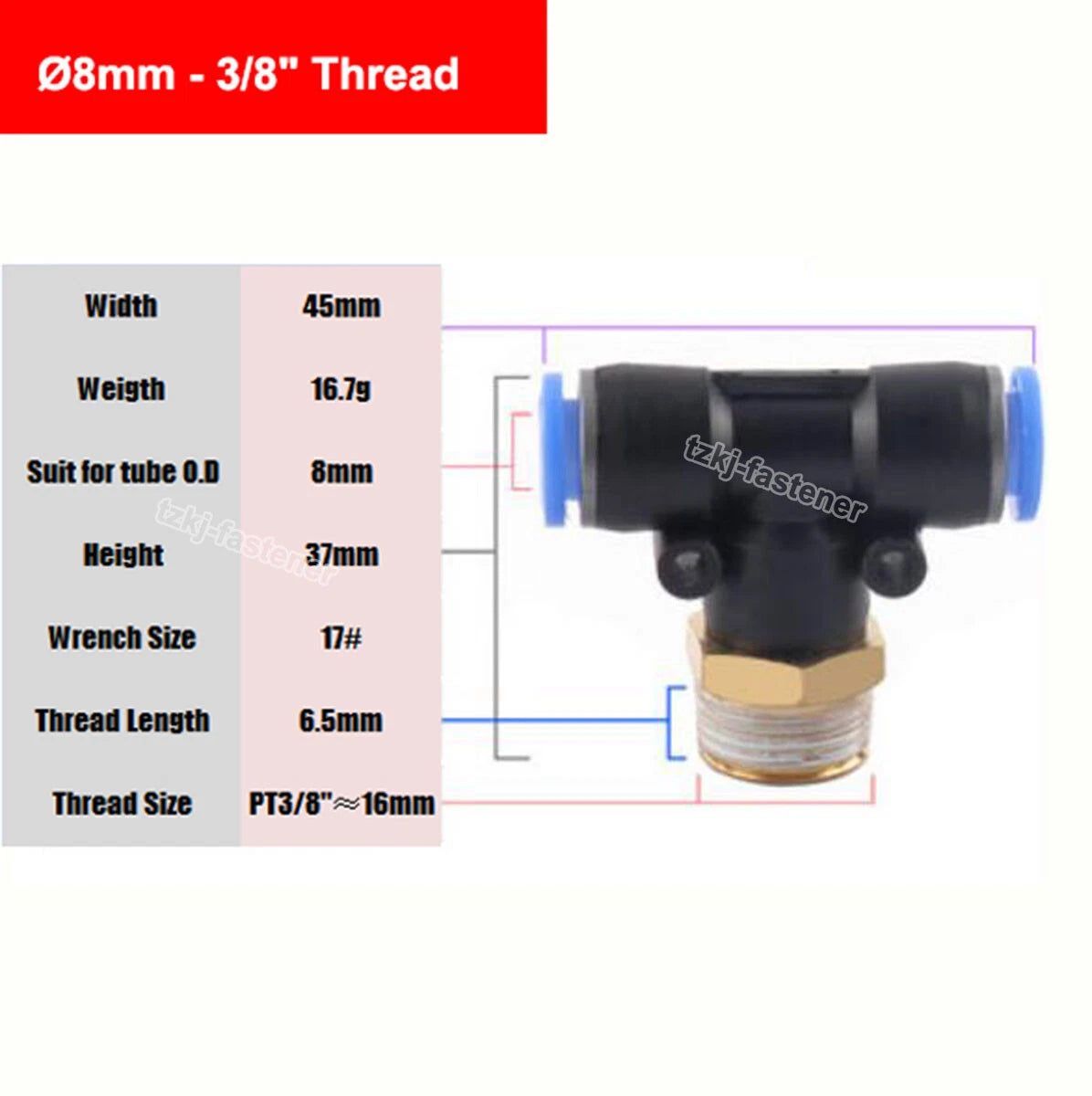 Pneumatic Tee "T" Connector BSP Male Thread 4mm-16mm Hose Tube Push-In Fittings