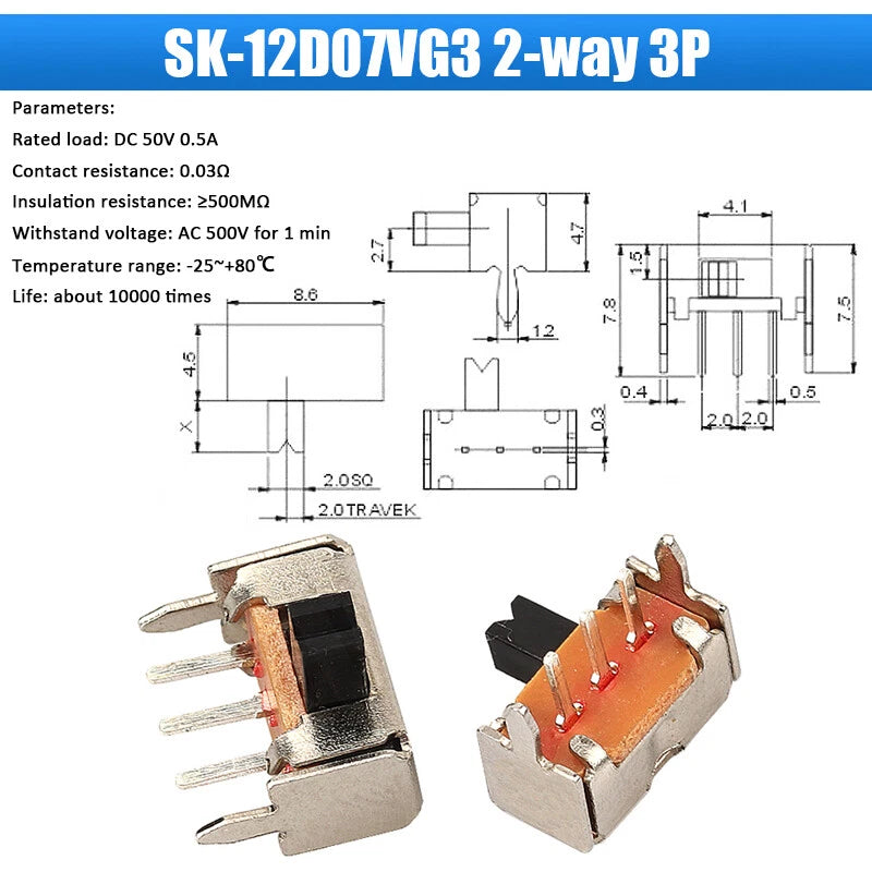 Slide Toggle Switch SS SK MSK MSS Series — 2/3-Way PCB Slide Switch, 3–8 Pin, Single & Double Row