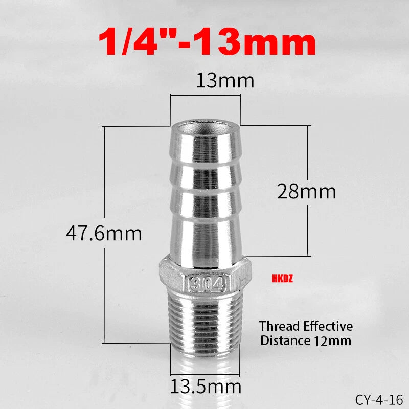 304 Stainless Steel Male Thread Barb Hose Tail Connector | 1/8" to 3/8" NPT