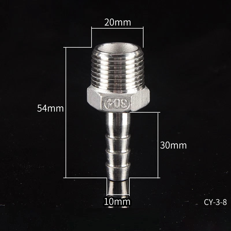 1/2" & 3/4" BSP Male Thread Hose Barb Tail Connector — Stainless Steel