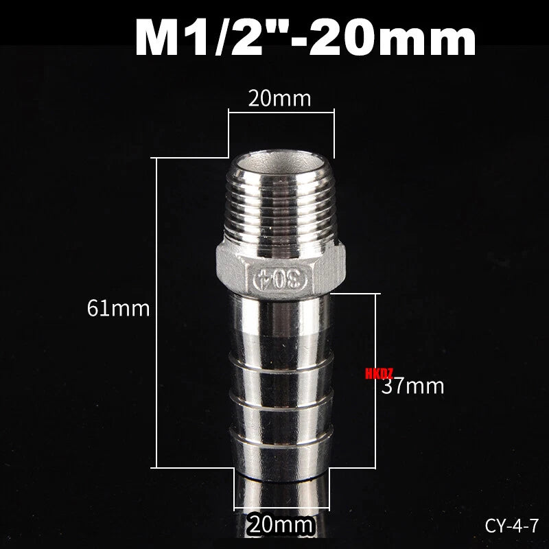 Stainless Steel 304 Barb Hose Tail Connector – 1/2" & 3/4" BSP Male Thread Hose Fittings