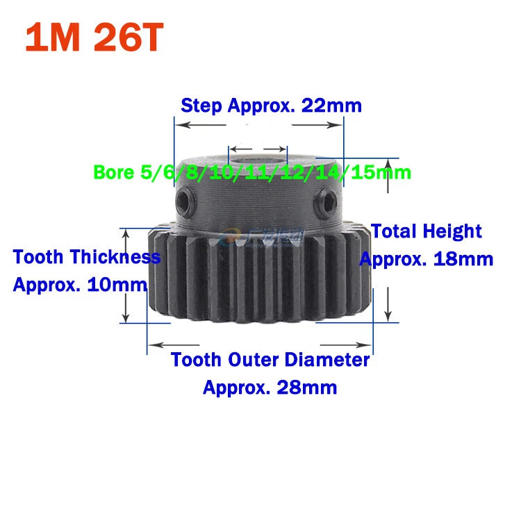 1 Module Spur Gear With Step 15-44 Teeth 45# Steel Pinion Gear Transmission Gear