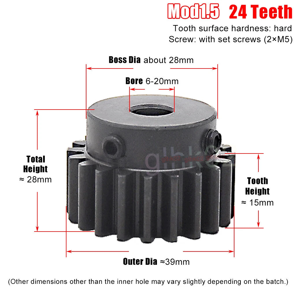 Mod1.5 Steel Pinion Gear Spur Gear 12-100 Teeth 4-25mm Bore With Screw Blackened