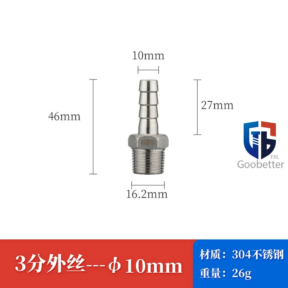 BSP Stainless Steel Male Thread Barb Hose Tail Connector — 1/8" to 2"