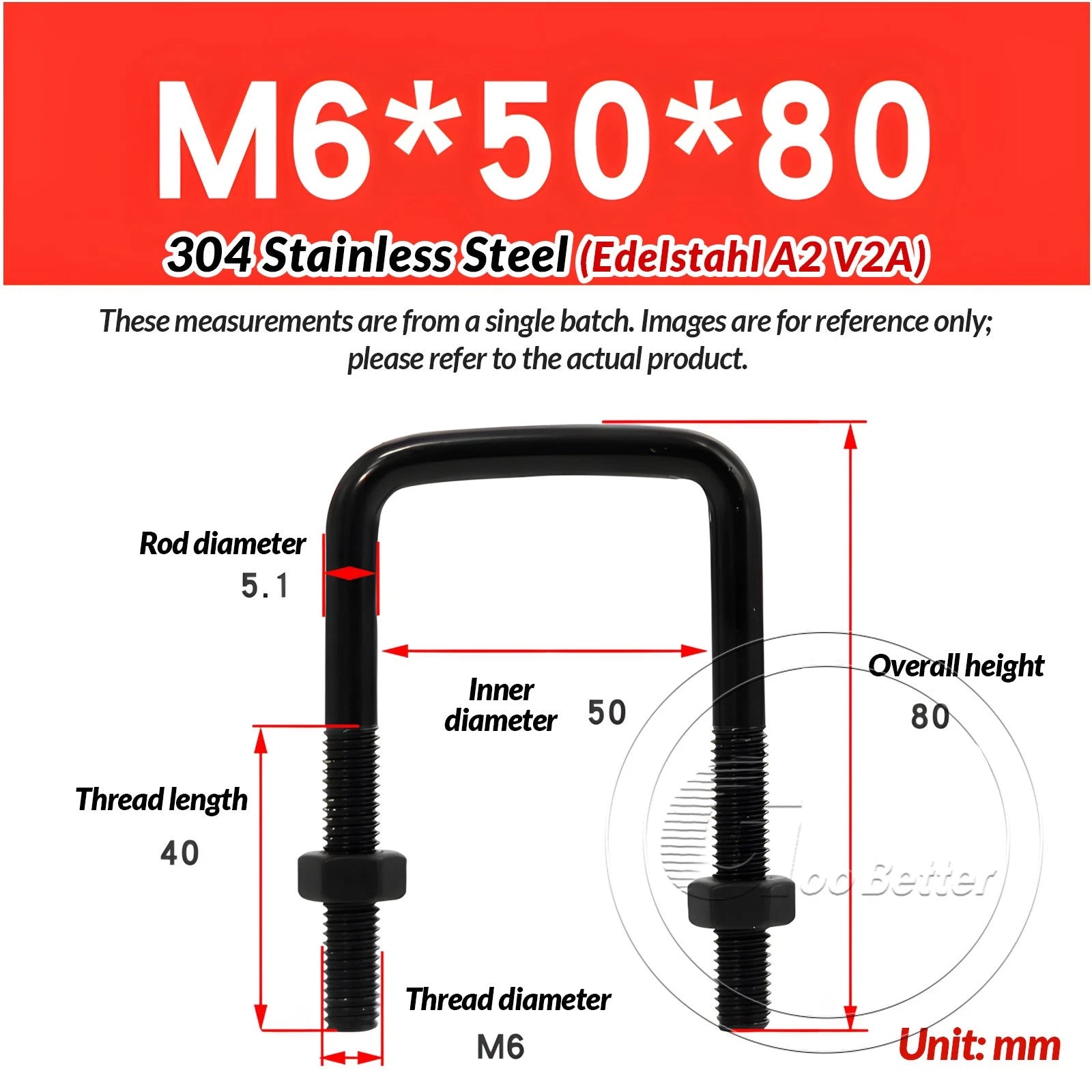 M6 M8 M10 Square U-Bolts Black 304 Stainless Steel with Nuts For Boat Trailer