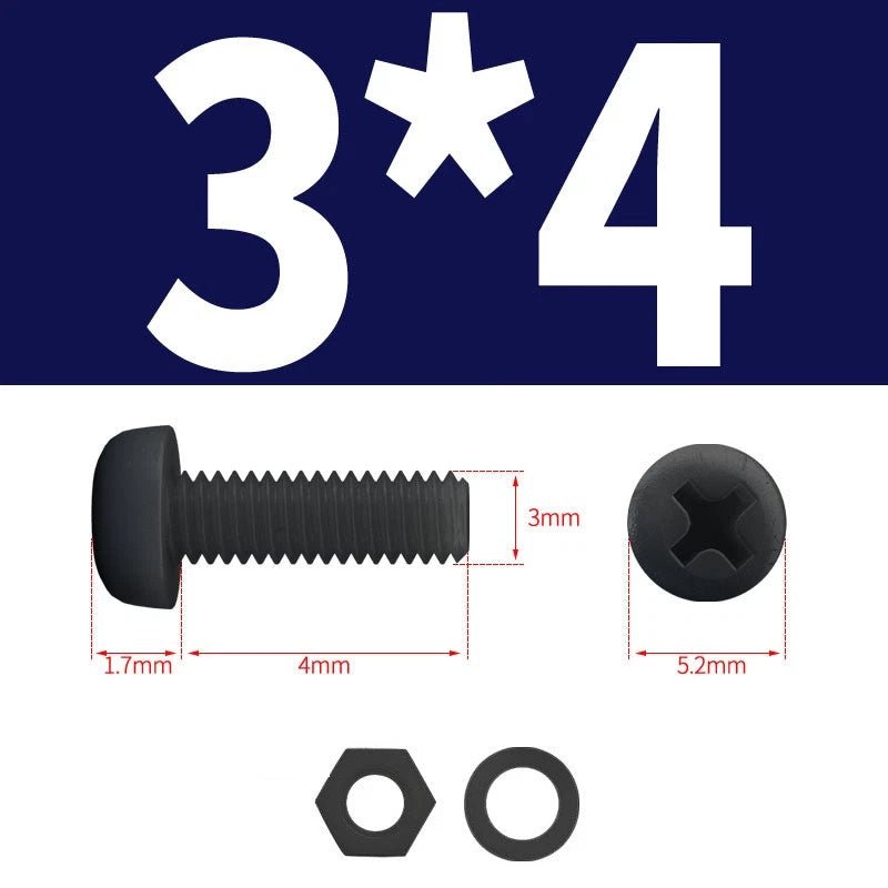 Black Nylon Phillips Machine Screws with Nuts & Washers — Metric M2 to M8 - HomeDIYer