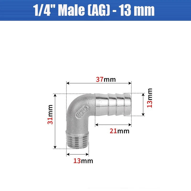 BSP Male Elbow Barbed Hose Connector — Stainless Steel, 1/8" to 1/2", 6–16mm