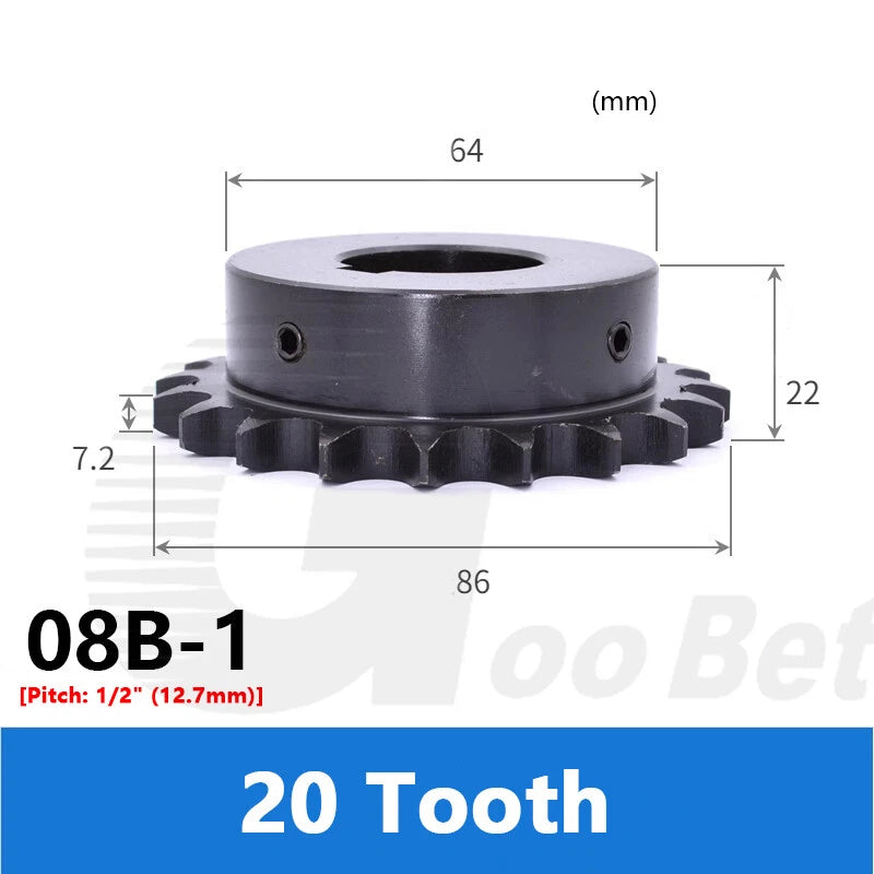 08B-1 1/2" Pitch Roller Chain Sprocket C45 Steel 10-20 Tooth 10-40mm Bore Black
