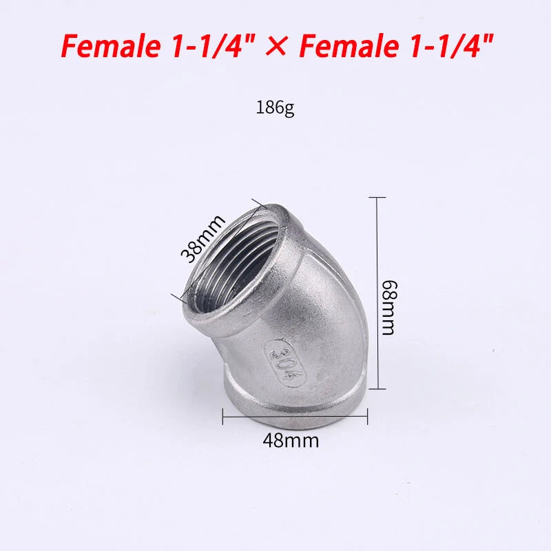 Stainless Steel 304 BSP 45° Elbow Pipe Fitting — Threaded Male × Female & Female × Female