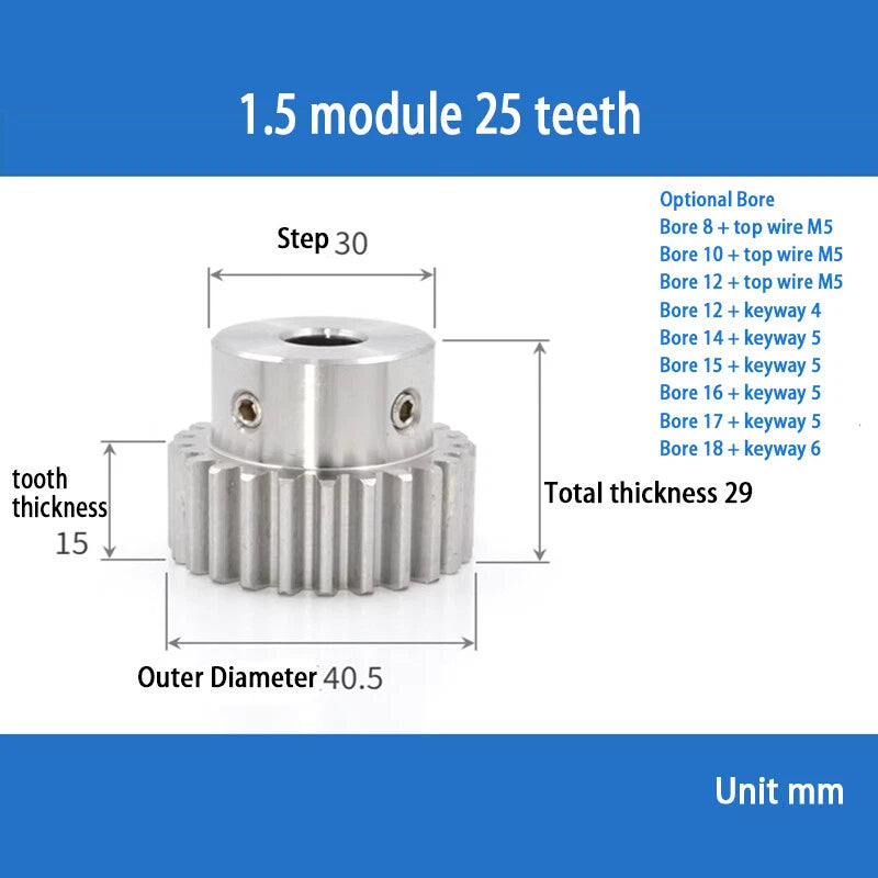 Module 1.5 Spur Gear A2 Steel 12-32 Tooth with Hub Pinion Motor Gear Bore 6-20mm