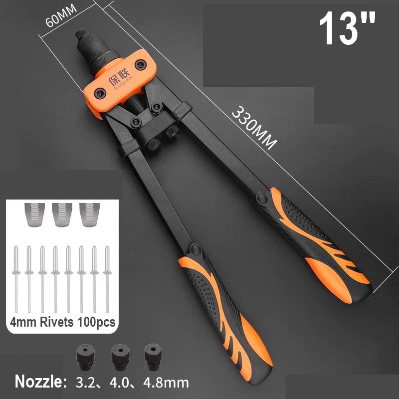 8"-17" Heavy Duty Hand Pop Rivet Gun Tool Kit With Rivets 4 Nozzle Head Wrench