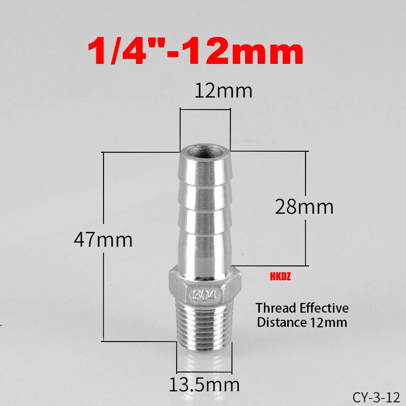 304 Stainless Steel Male Thread Barb Hose Tail Connector | 1/8" to 3/8" NPT