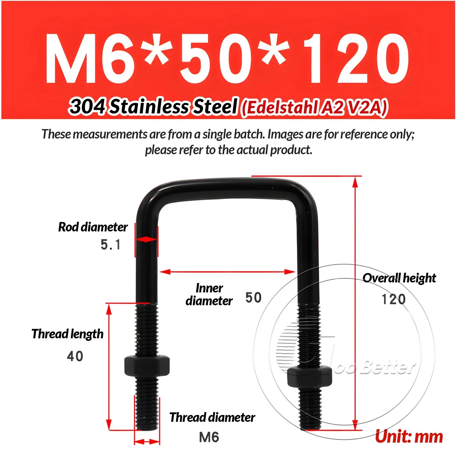 M6 M8 M10 Square U-Bolts Black 304 Stainless Steel with Nuts For Boat Trailer