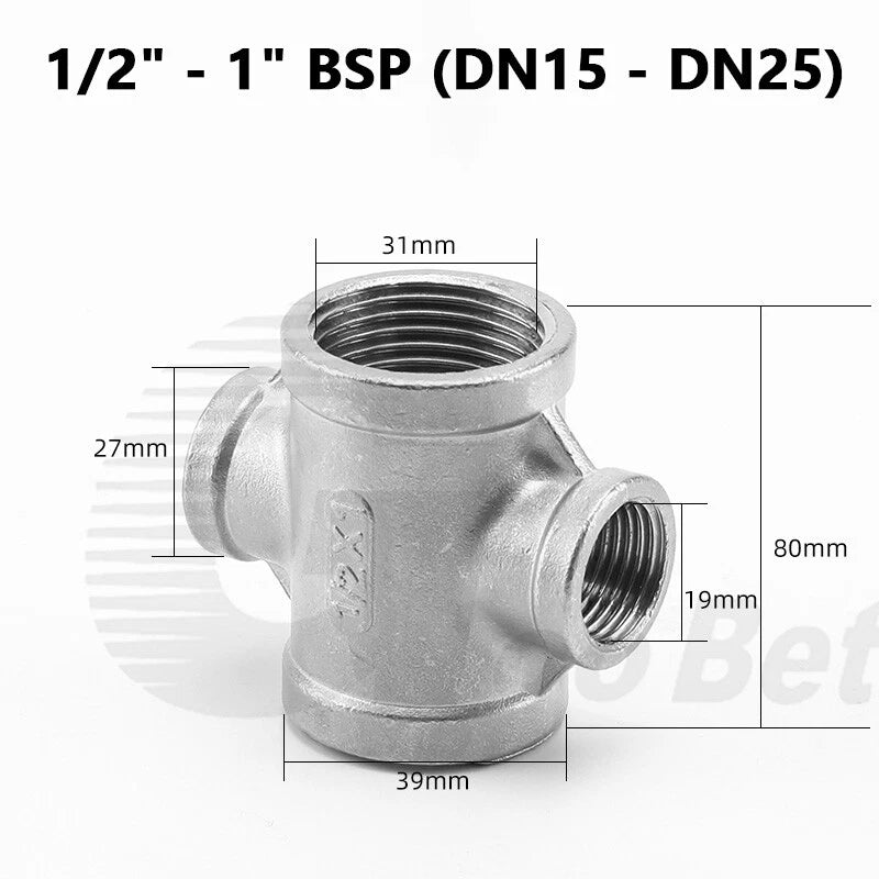 Stainless Steel Cross 4-Way Pipe Fitting | BSP Female Thread | 1/4" to 2"