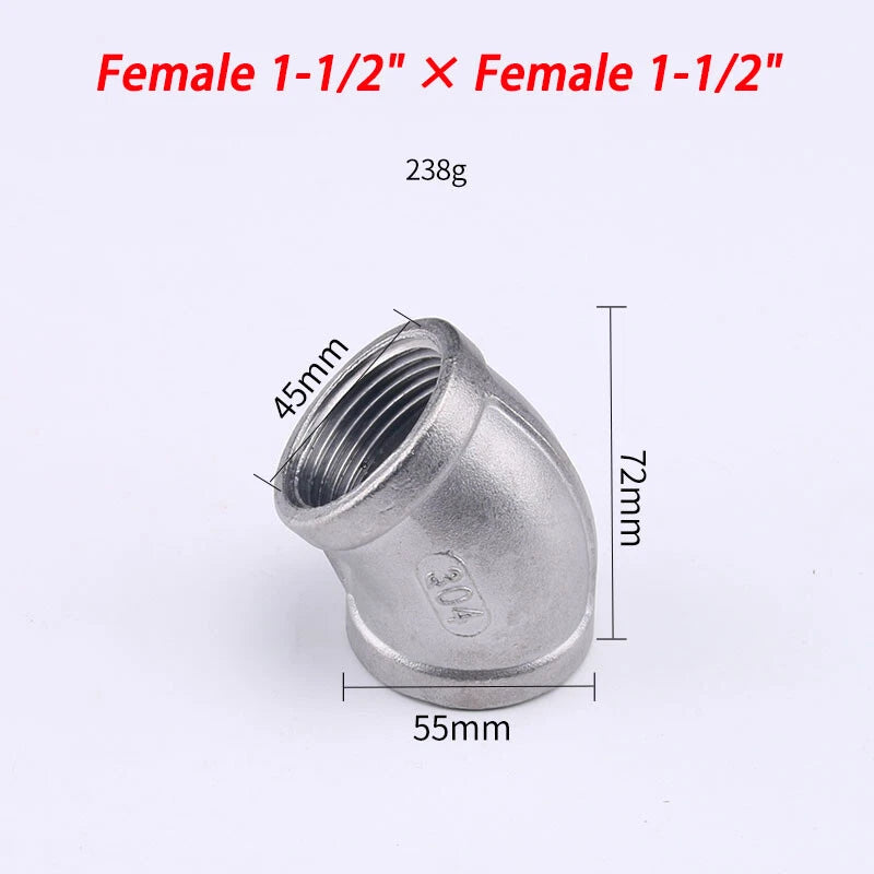 Stainless Steel 304 BSP 45° Elbow Pipe Fitting — Threaded Male × Female & Female × Female
