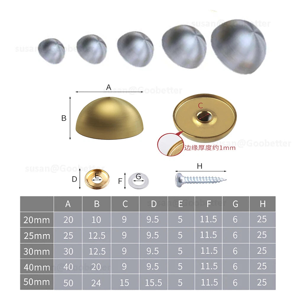 Dome Screw Cover Caps 20–50mm – Electroplated Stainless Steel Mirror Screws, Silver & Gold